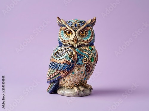 Ornate owl figurine with intricate blue and gold patterns on purple background