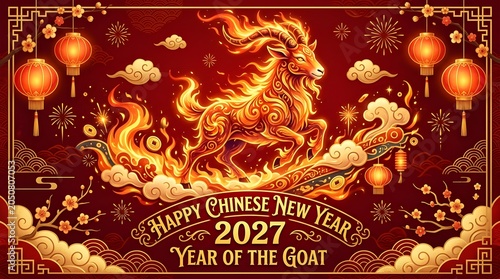 Happy Chinese New Year 2027 Year of the Goat Banner with Fiery Golden Goat and Traditional Lanterns on Red Background