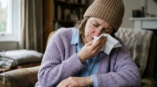 A woman sitting at home wearing a beanie and sweater while blowing her nose into a tissue because of a cold or flu.