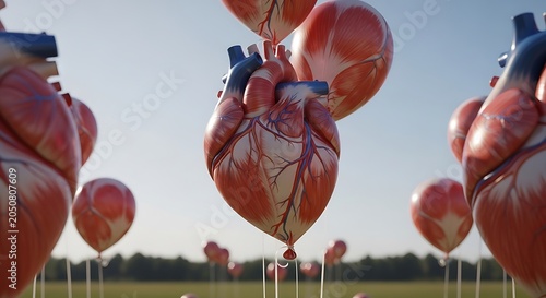 Anatomical heart balloons floating in a clear blue sky field landscape