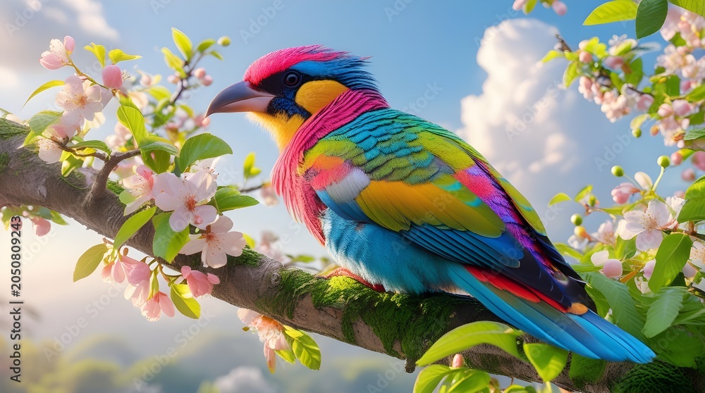 Obraz premium Vibrant detailed exotic bird sitting on a blooming tree branch