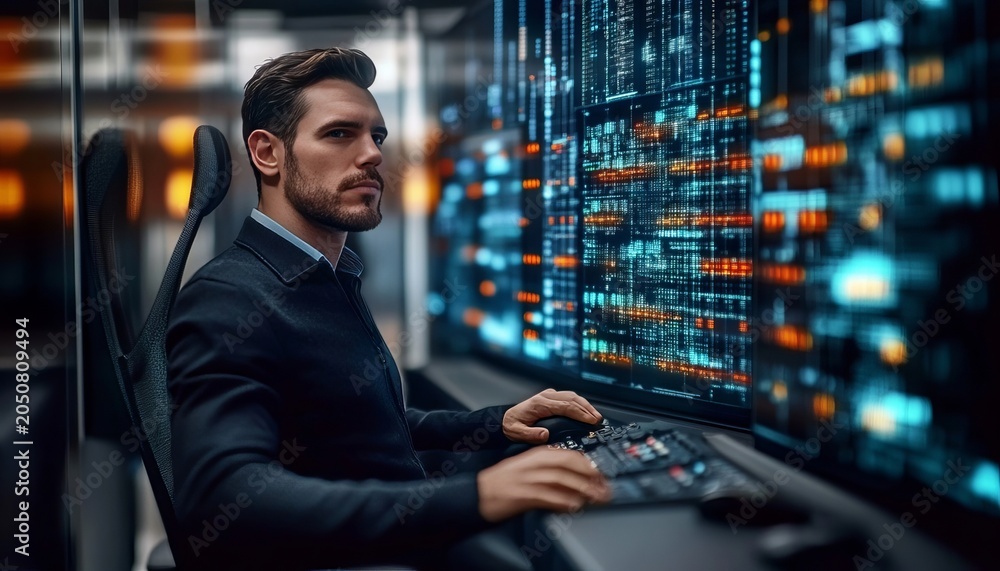 Fototapeta premium Modern Office Space Station Center Featuring Complex Data Information Architecture on a Large Screen