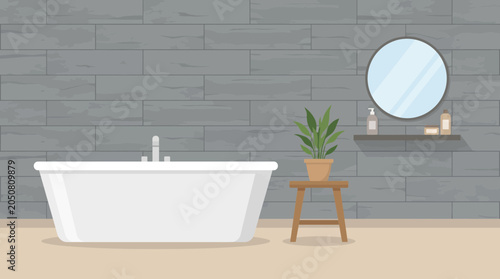 Billede på lærred Minimalist Bathroom With Freestanding Tub and Stone Tiles