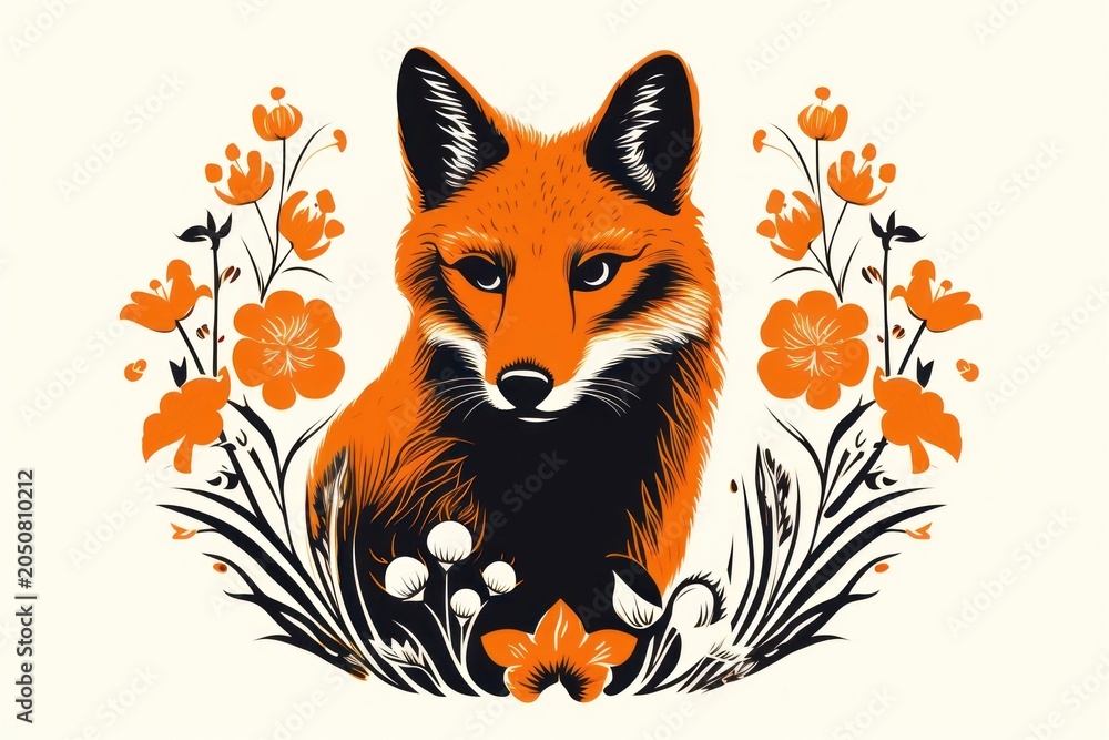 Naklejka premium Simple fox in flowers circle pattern animal mammal.