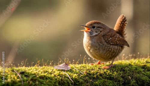 Wren on a mossy log in golden light