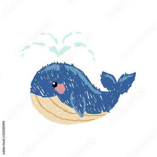 Obraz na płótnie Cute blue whale spouting water vector illustration, crayon textured oil pastel b