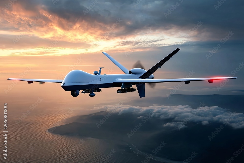 Naklejka premium Precision power embodied in the Reaper UAV s aerial grace, a sky guardian amid sunset ambiance.