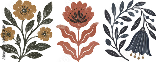 Obraz na płótnie Folk Art Floral Elements and Earth Tone Botanical Vector Set