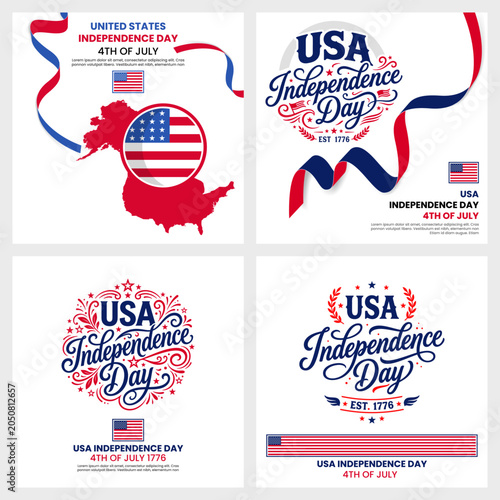 USA Independence Day Social Media Layouts, 4th of July Square Posts with US Map and Ribbon Vector