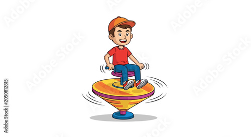 Boy Riding Spinning Top Toy Outdoors.