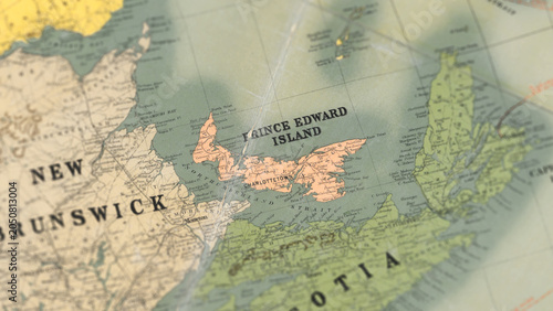 Bild auf Leinwand Macro View of Vintage Map Highlighting Prince Edward Island Canada with Detailed