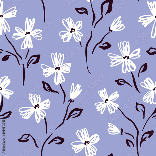 Seamless floral pattern, abstract ditsy print of sketch plants in rustic motif. Minimal botanical design of hand drawn small flowers, thin stems, tiny leaves on delicate blue background. Vector image