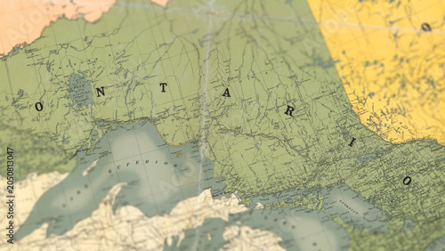 Photography Macro View of Vintage Map Highlighting Ontario Canada with Detailed Geographic C