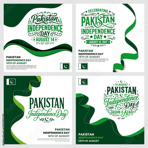 Pakistan Independence Day Social Media Post Templates, 14 August Square Feeds with Green Wavy Ribbons