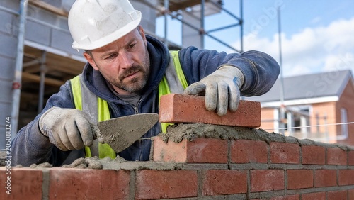 Professional Bricklayer Building Red Brick Wall at Construction Site