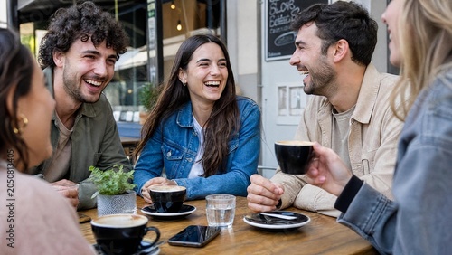 Group of Diverse Friends Laughing and Talking at Outdoor Coffee Shop