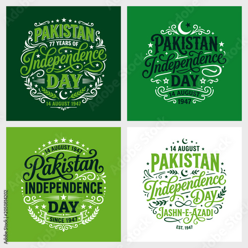 Pakistan Independence Day Circular Typography Badges, 14 August Jashn e Azadi Vector Lettering Set