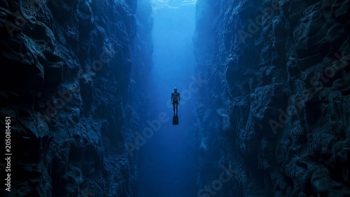 Freediver Floating in Deep Blue Underwater Canyon Fissure