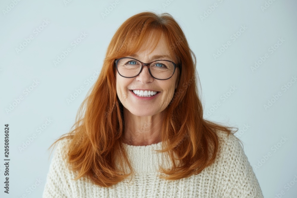 Obraz premium The woman with red hair wearing glasses and a cozy sweater smiling warmly