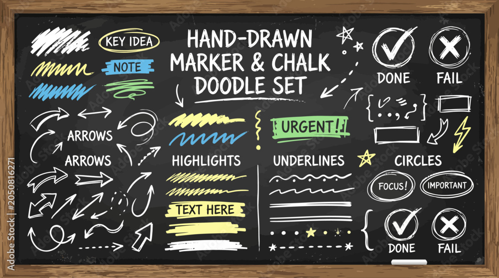 Naklejka premium A hand-drawn marker and chalk doodle set on a blackboard with various colorful illustrations and text