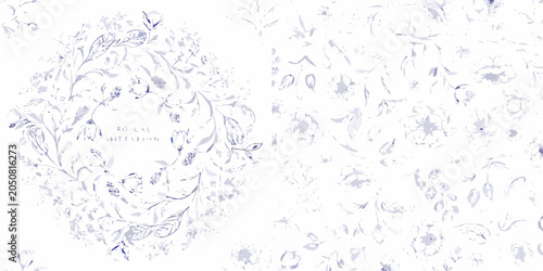 Foto Blue ink floral ornament with delicate leaves and branches seamless pattern
