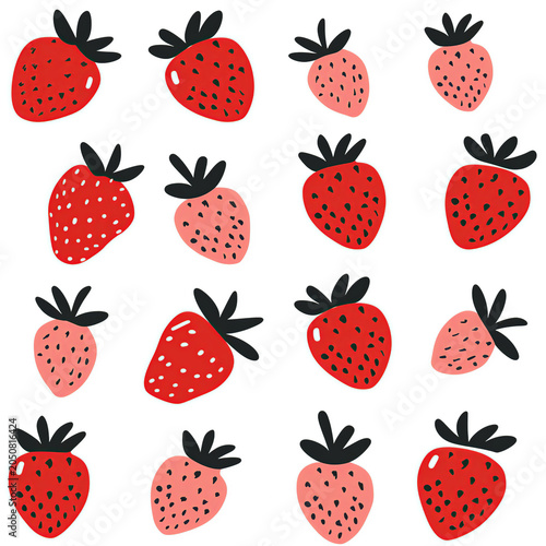Cute strawberry isolated on white background, funny summer seamless pattern
