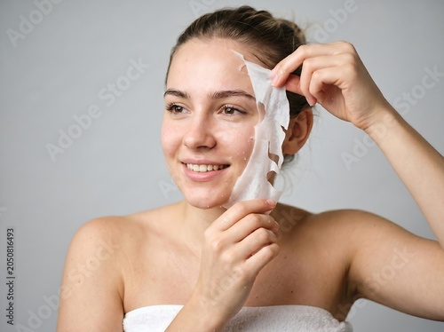 Young woman removing a white sheet facial mask from her face for skin care routine.