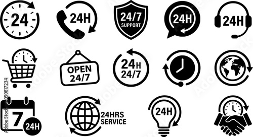 24 hours service and support icons set. Minimalist 24/7 customer care and non-stop open clock symbols vector