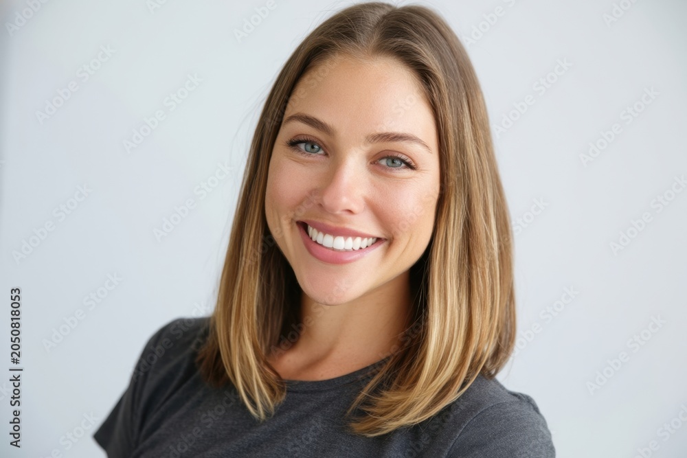 Obraz premium The smiling young woman in a casual gray shirt natural studio headshot portrait