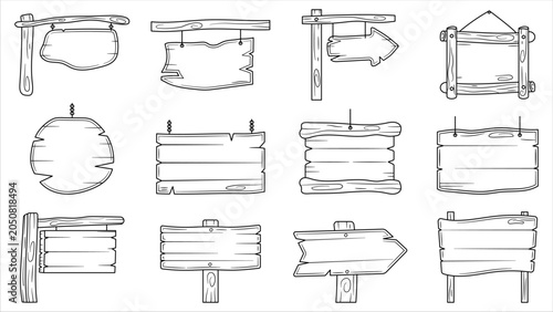 A collection of twelve black and white line art cartoon wooden sign illustrations, ready for coloring activities