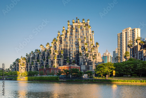 Photography Modern Residential High-Rise Apartment Buildings with Glass Balconies and Greene