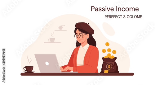 Woman working on laptop with money bag, illustrating passive income and financial success.