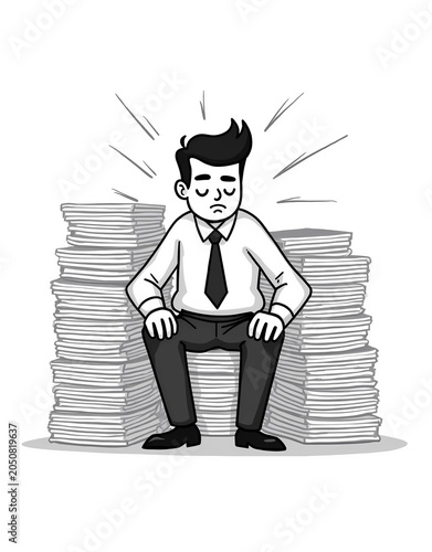 Stressed businessman character overwhelmed by massive stacks of paperwork concept illustration