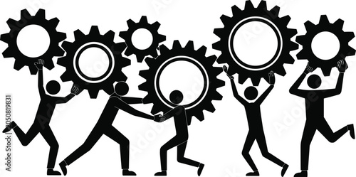 Obraz na plátně Silhouettes of Five People Holding Up Large Interlocking Gears teamwork cooperat