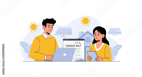 Couple Managing Energy Bill with Solar Power and Laptop, Illustrating Sustainability and Home Efficiency