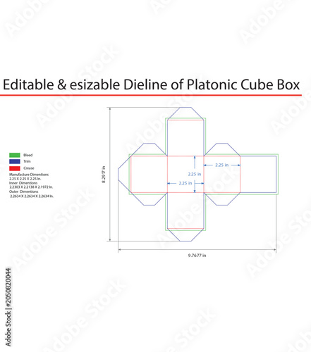 Photos Editable dieline of platonic cube box, technical editable