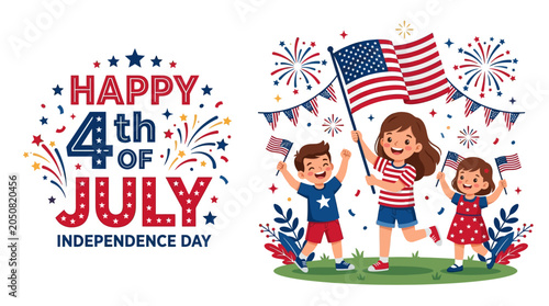 Bild auf Leinwand Happy 4th of july independence day set with patriotic kids and flags