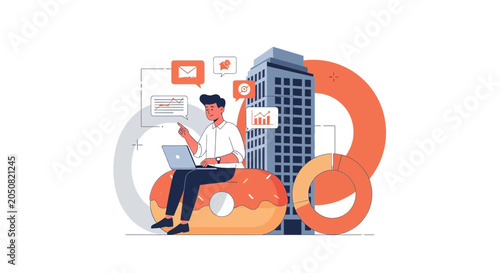 Modern Business Concept: Man Working on Laptop with Data Charts and Cityscape