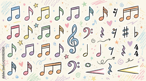 Bild auf Leinwand A colorful illustration of musical notes and symbols on a white background with