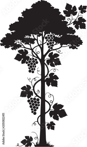 Black silhouette tree with grapevines and leaves