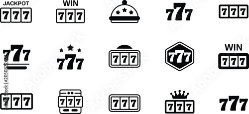 Foto Slot machine lucky triple seven jackpot icons set for casino gambling gaming industry logo branding design vector