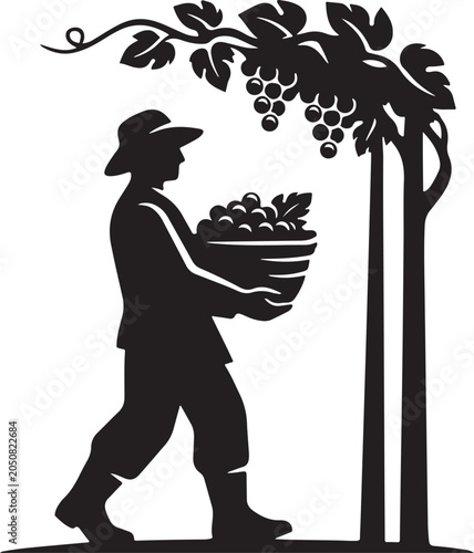 Man carrying basket of grapes under grapevine silhouette