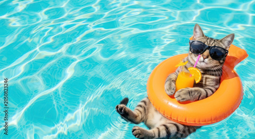 Cat wearing sunglasses relaxes in an orange inflatable ring while floating in a clear blue swimming pool on a sunny day
