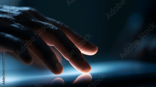 A human hand touches a reflective surface with dynamic backlighting emphasizing a modern technology focused mood
