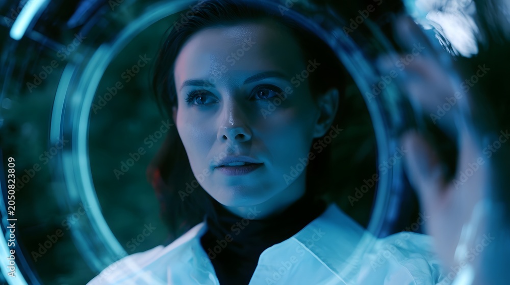 Fototapeta premium A stylish portrait of a woman framed by glowing blue digital rings evoking a futuristic and sophisticated atmosphere