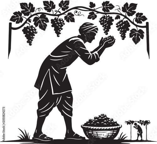 Man picking grapes from vine with basket harvesting