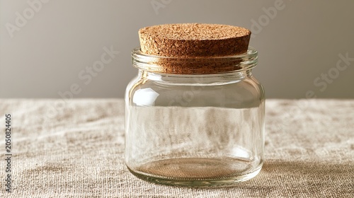 Empty glass jar with cork lid on beige linen