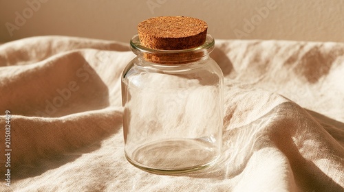Empty glass jar with cork lid on beige linen