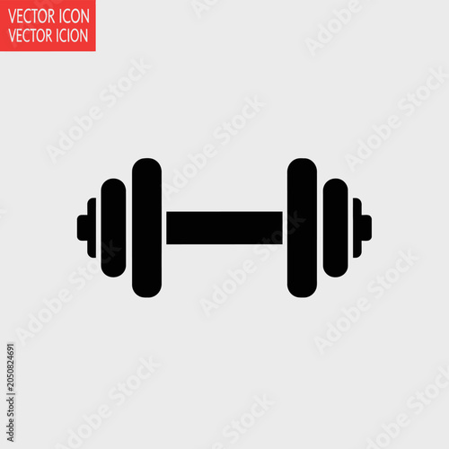 Black dumbbell icon on grey background, fitness and gym concept