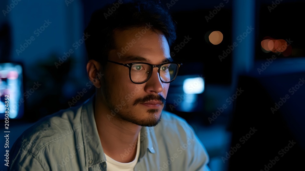 Obraz premium A focused individual wearing glasses is situated in a modern dimly lit workspace immersed in digital technology